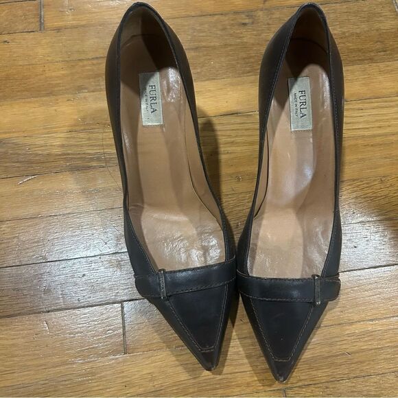 Furla Leather Dark Chocolate Brown Pointed Toe Loafer Kitten Heels, size 37 - Picture 5 of 11